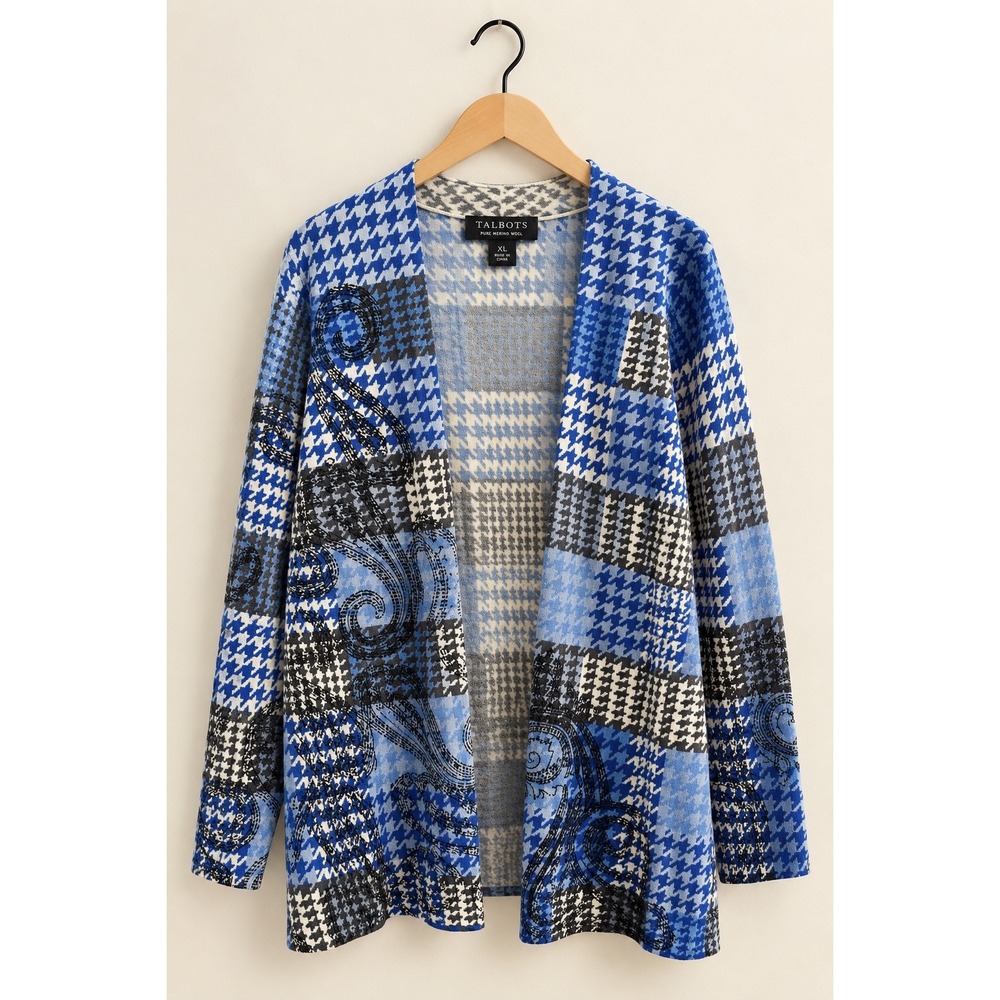 Talbots XL Blue Houndstooth Paisley Merino Wool Open Front Cardigan Sweater